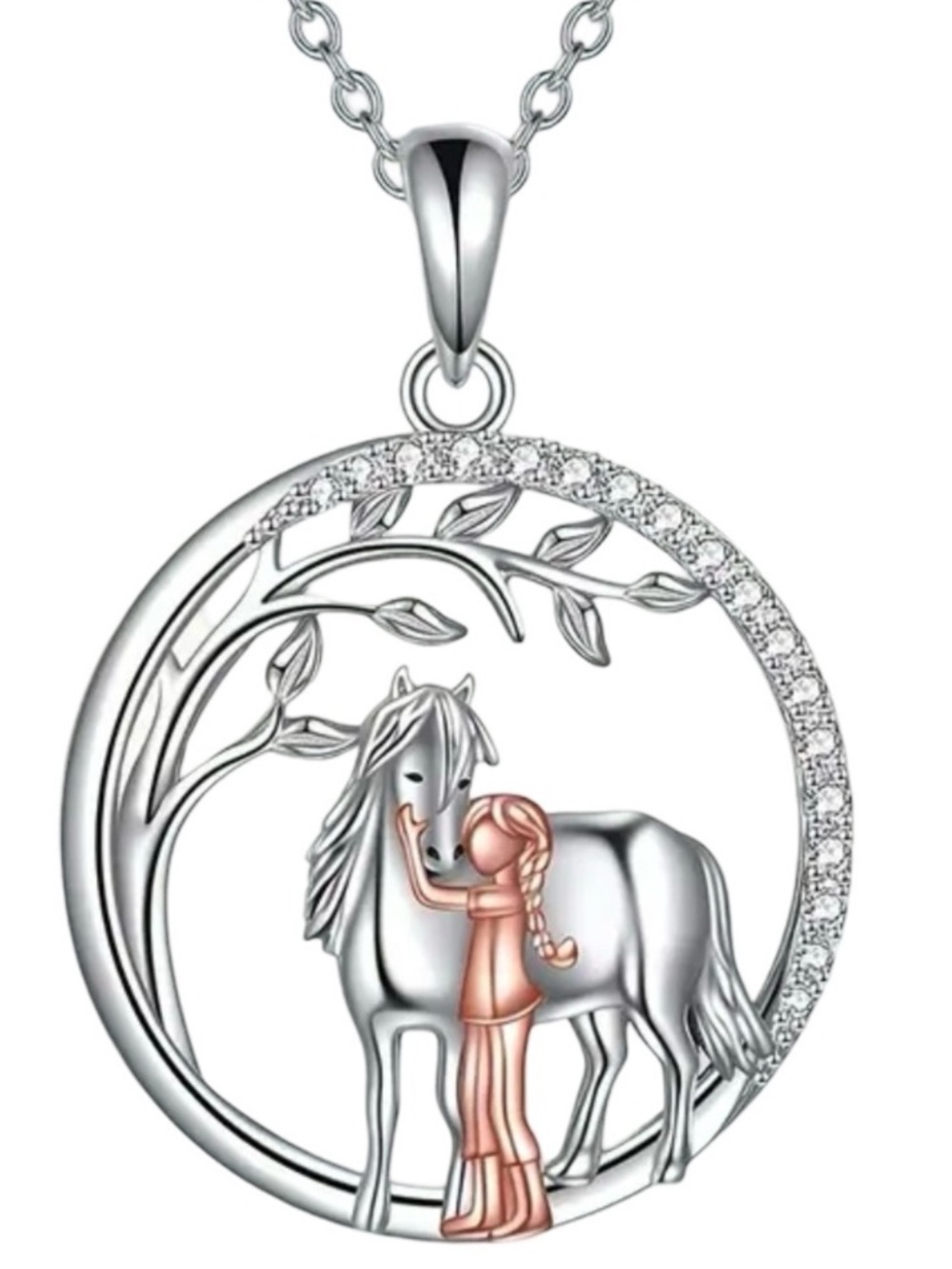 Sterling Silver Horse & Girl Pendant Necklace with Rose Accents NEW